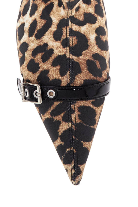 GANNI Pointed Animal Print Fabric Boots with Decorative Buckle