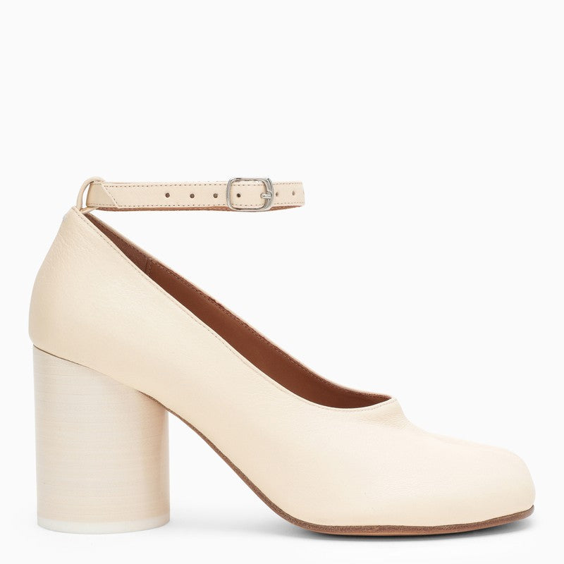 Neutral Leather Mary-Jane Style Pumps with Signature Tabi Design