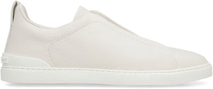 ZEGNA Beige Leather Triple Stitch Low-Top Slip-On Sneakers for Men