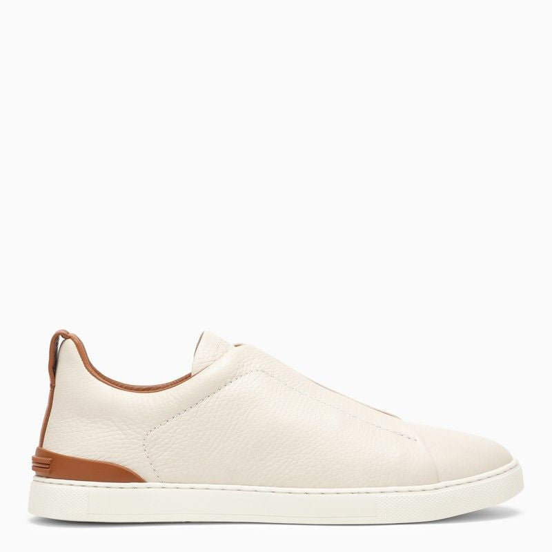 ZEGNA Beige Leather Triple Stitch Low-Top Slip-On Sneakers for Men