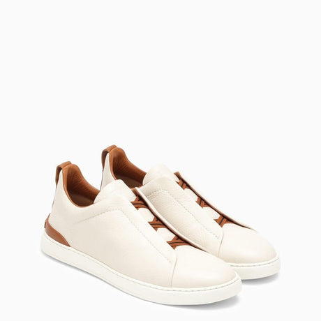 ZEGNA Beige Leather Triple Stitch Low-Top Slip-On Sneakers for Men