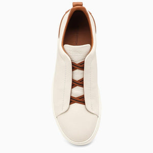 ZEGNA Beige Leather Triple Stitch Low-Top Slip-On Sneakers for Men