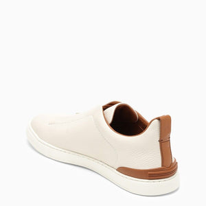 ZEGNA Beige Leather Triple Stitch Low-Top Slip-On Sneakers for Men