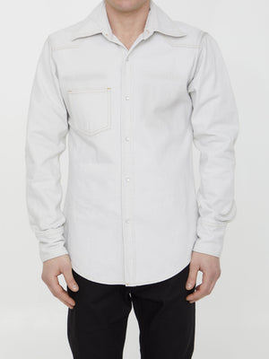 纯白棉质牛仔长袖衬衫，可见线缝制