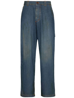 男士蓝色古董美洲文牛仔裤，放松随性的造型