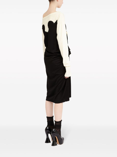 Black and Off-White Knit Midi Dress with Contrast Stitching and Ruched Detailing