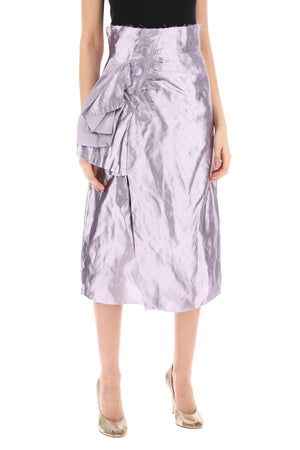 Metallic Satin Midi Wrap Skirt with Raw-Cut Hems and Decorative Buttons