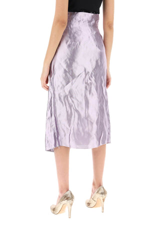 Metallic Satin Midi Wrap Skirt with Raw-Cut Hems and Decorative Buttons