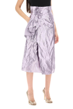 Metallic Satin Midi Wrap Skirt with Raw-Cut Hems and Decorative Buttons