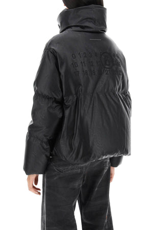 Faux Leather Puffer Jacket with Back Logo Embroidered