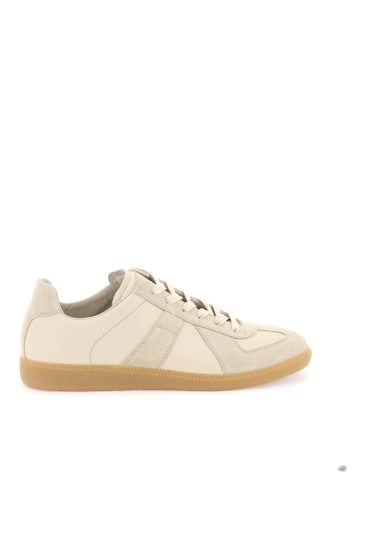 Beige Leather Sneakers with Suede Inserts and Rubber Sole