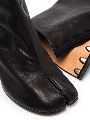 Black Leather Tabi Heel Ankle Boots for Women