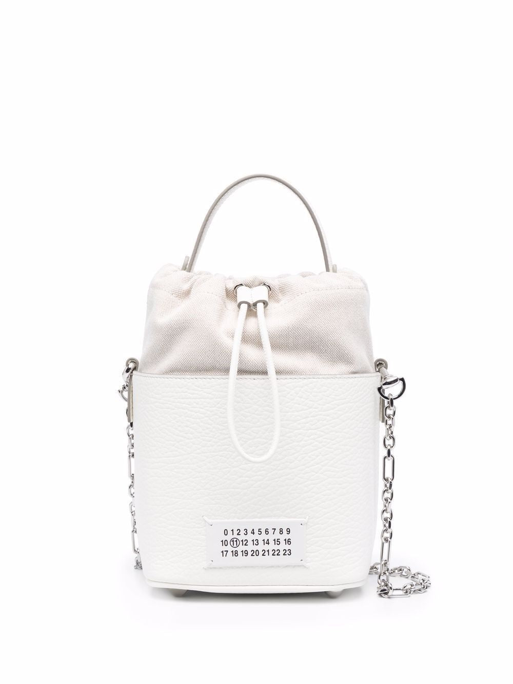 MAISON MARGIELA Mini Bucket Designer Handbag in Hammered Leather with Detachable Strap and White Logo Label - Black