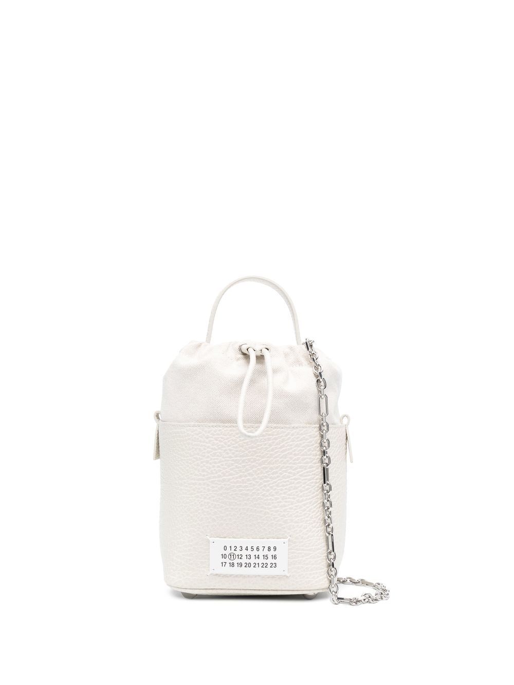 MAISON MARGIELA Mini Bucket Designer Handbag in Hammered Leather with Detachable Strap and White Logo Label - Black