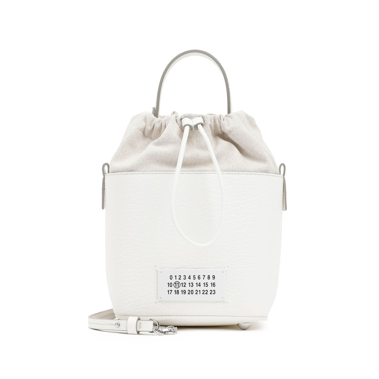 MAISON MARGIELA Mini Bucket Designer Handbag in Hammered Leather with Detachable Strap and White Logo Label - Black