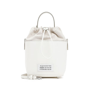 MAISON MARGIELA Mini Bucket Designer Handbag in Hammered Leather with Detachable Strap and White Logo Label - Black