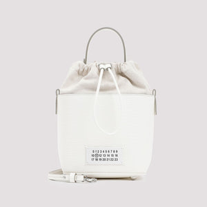 MAISON MARGIELA Mini Bucket Designer Handbag in Hammered Leather with Detachable Strap and White Logo Label - Black