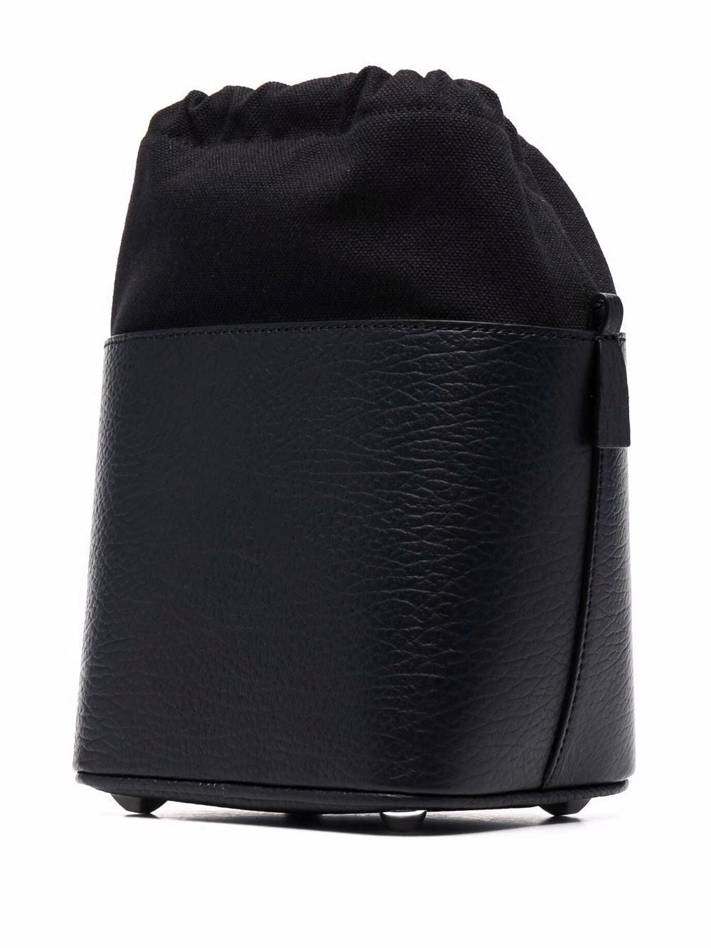 MAISON MARGIELA Mini Bucket Designer Handbag in Hammered Leather with Detachable Strap and White Logo Label - Black