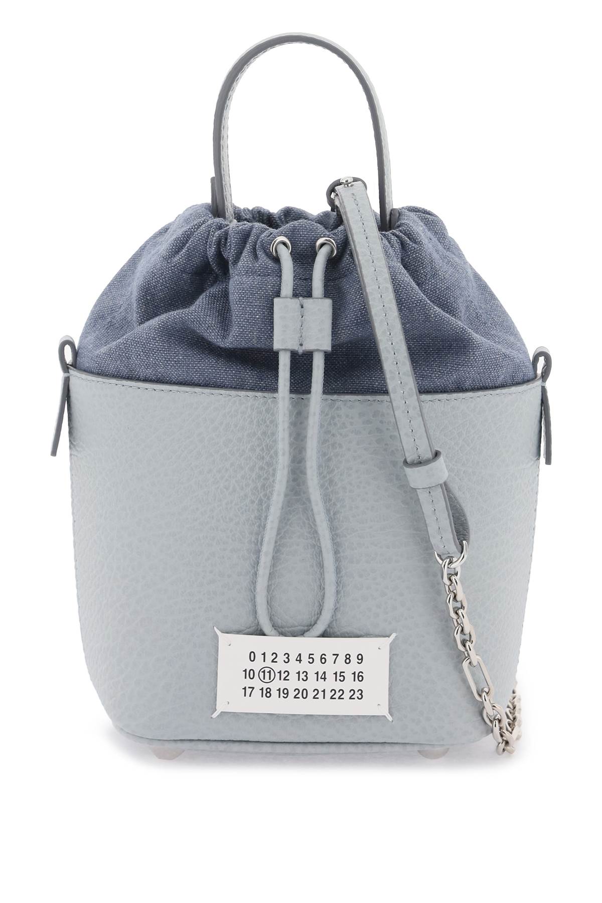 MAISON MARGIELA Mini Bucket Designer Handbag in Hammered Leather with Detachable Strap and White Logo Label - Black