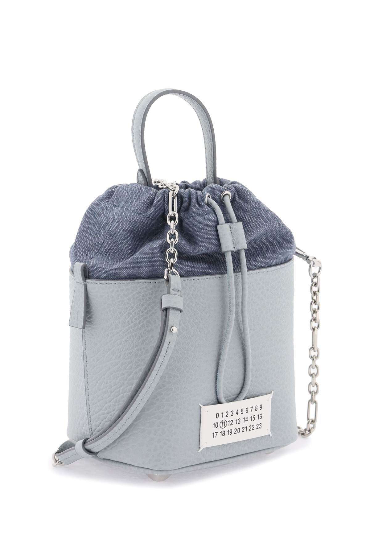 MAISON MARGIELA Mini Bucket Designer Handbag in Hammered Leather with Detachable Strap and White Logo Label - Black