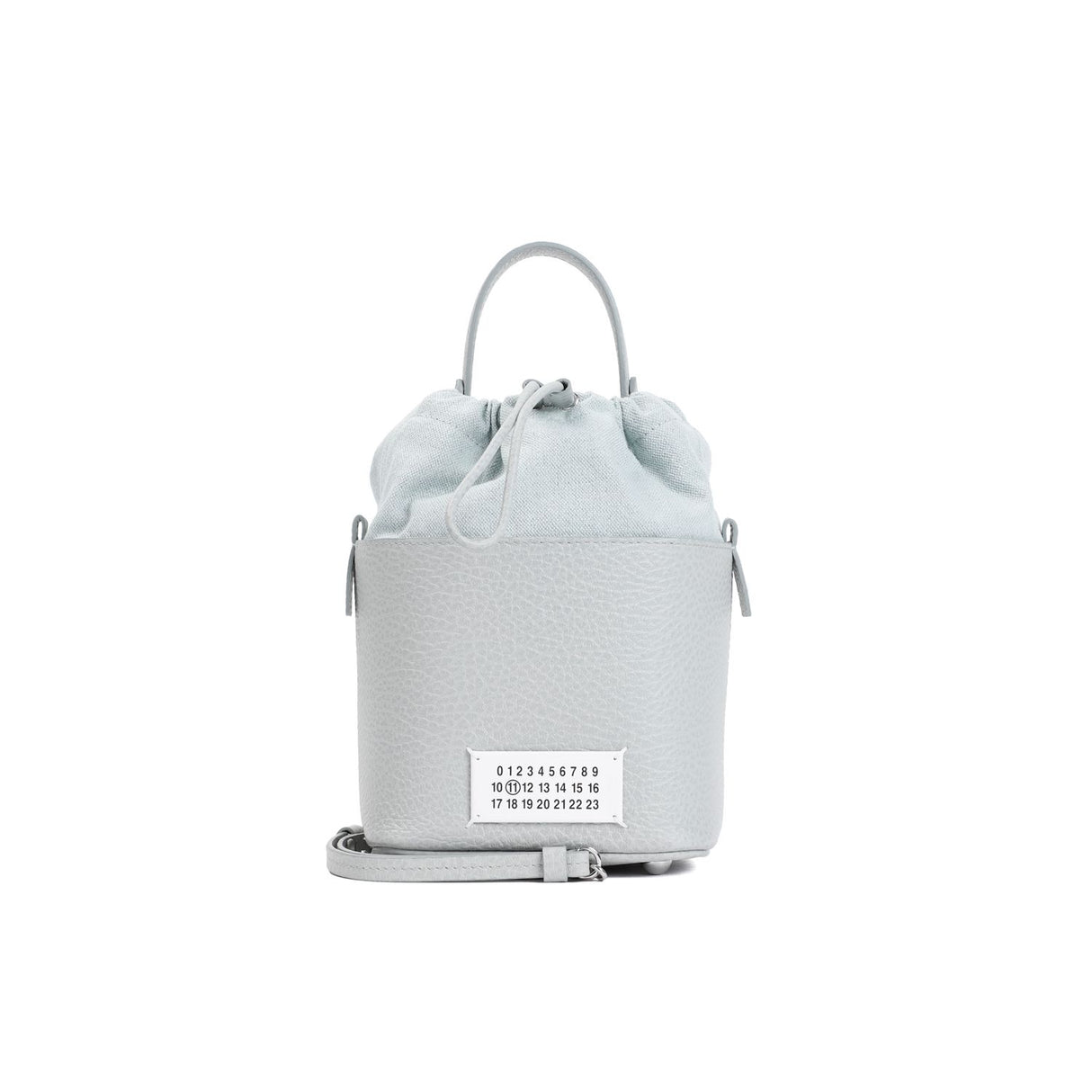 MAISON MARGIELA Mini Bucket Designer Handbag in Hammered Leather with Detachable Strap and White Logo Label - Black