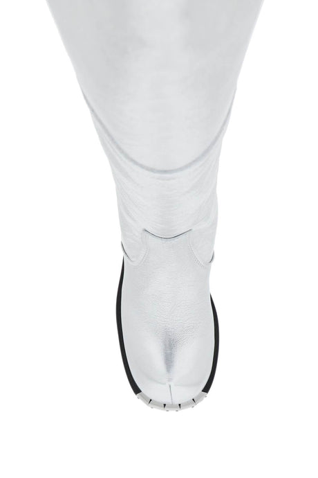 Laminated Leather Round Toe Boots with Silver Metal Detail