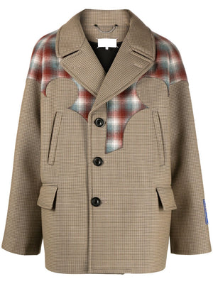 MAISON MARGIELA Tan Wool Blend Caban Jacket with Pendleton Detail and Plaid Check Design