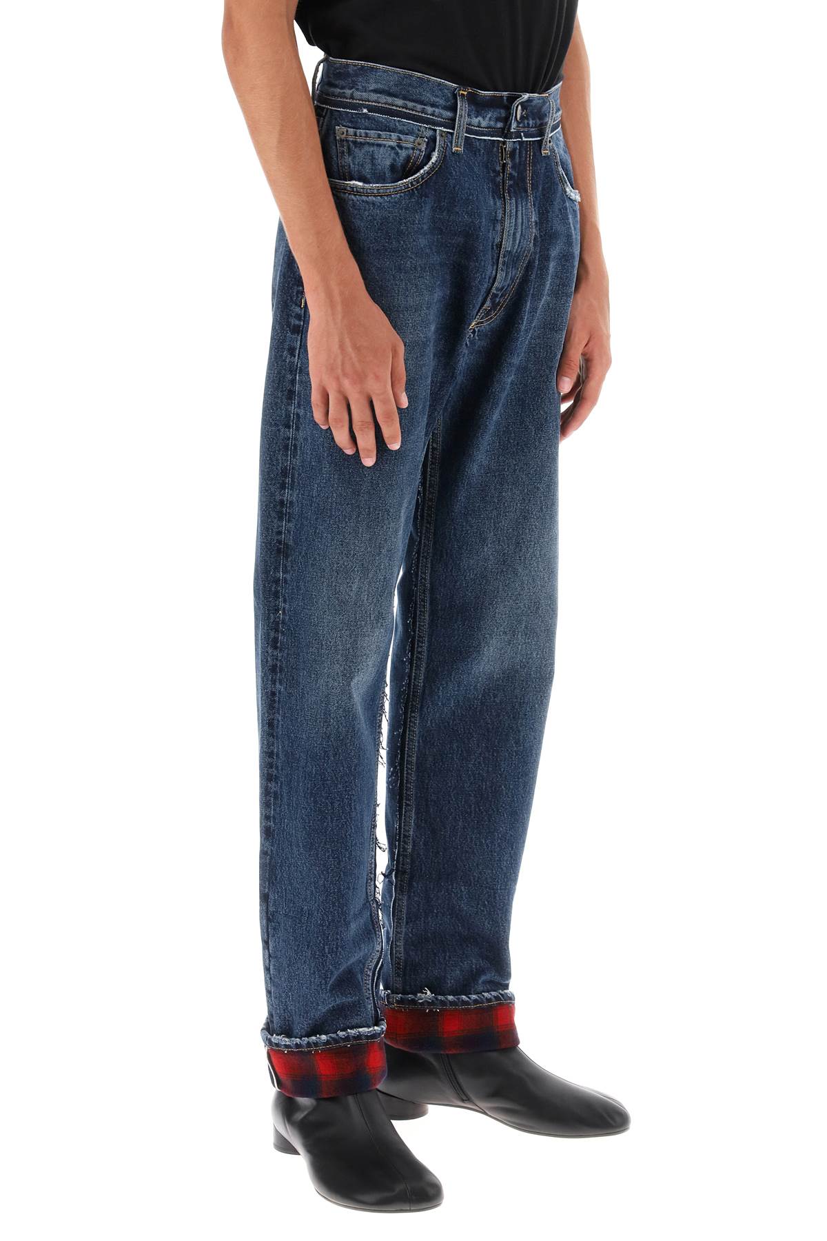 Men's Denim Jeans with Check Wool Inserts - Dark Wash