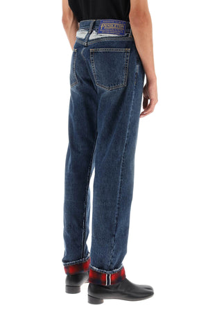 Men's Denim Jeans with Check Wool Inserts - Dark Wash