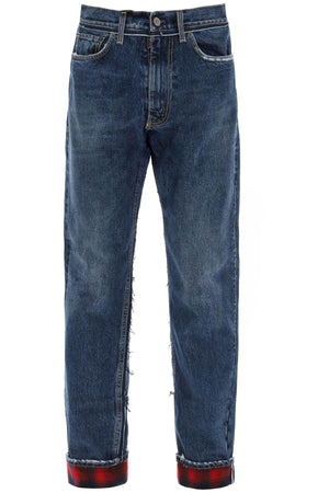 Men's Denim Jeans with Check Wool Inserts - Dark Wash