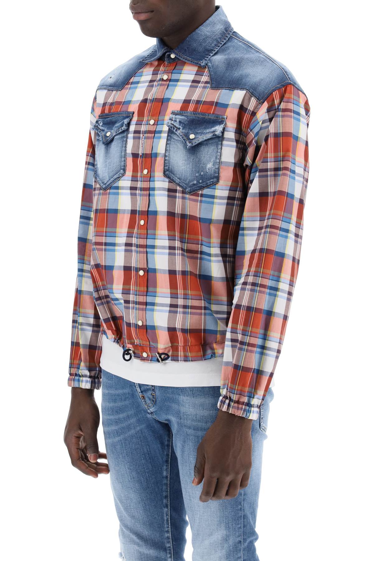 Multicolored Checkered Cotton Shirt with Denim Details - SS24 Collection