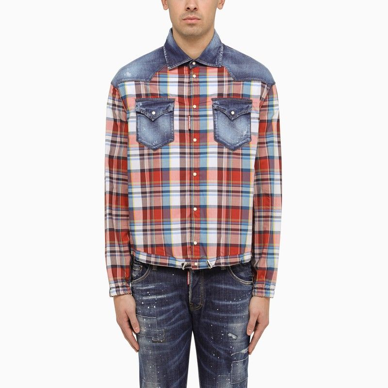 Multicolored Checkered Cotton Shirt with Denim Details for Men - SS24 Collection