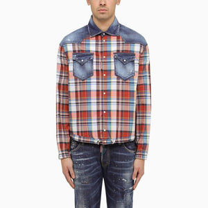 Multicolored Checkered Cotton Shirt with Denim Details - SS24 Collection