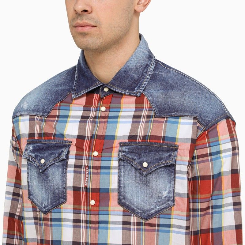 Multicolored Checkered Cotton Shirt with Denim Details for Men - SS24 Collection