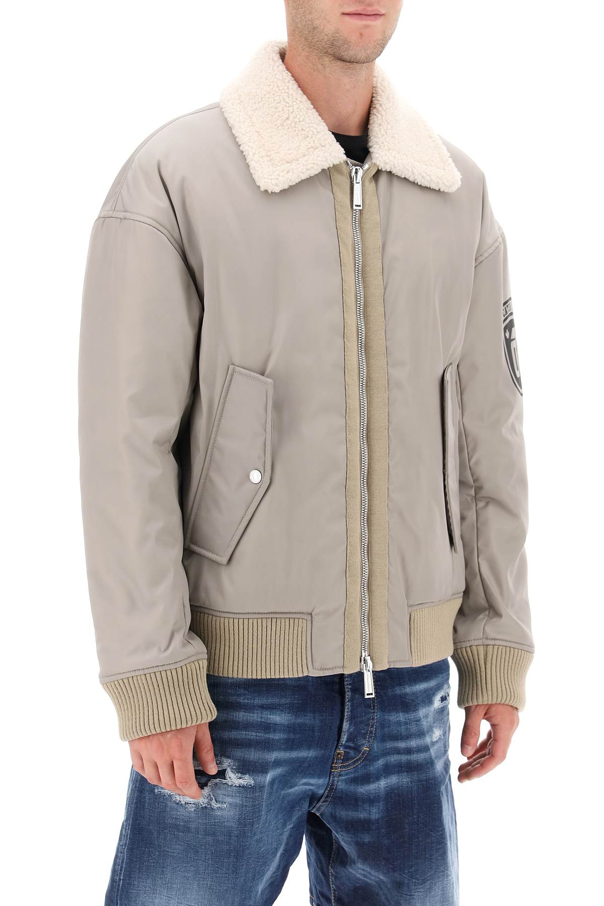 DSQUARED2 Men's Padded Bomber Jacket with Lamb Fur Collar in Grey for FW23