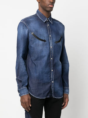 陶藍色西式皮革修飾男士牛仔襯衫