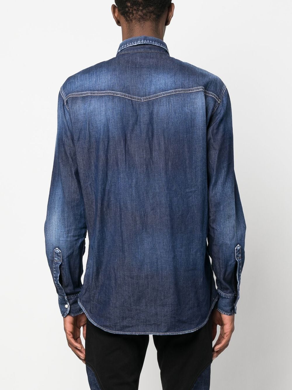 Indigo Blue Denim Shirt for Men - Western-Inspired Design with Leather Trim