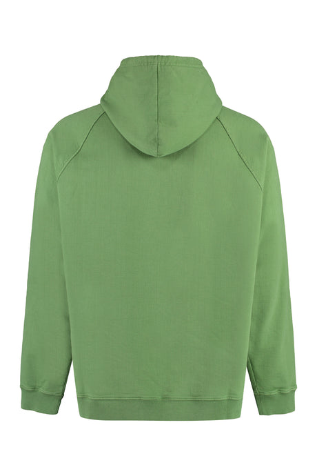 Green Cotton Hoodie with Embossed Logo and Ribbed Edges for Men