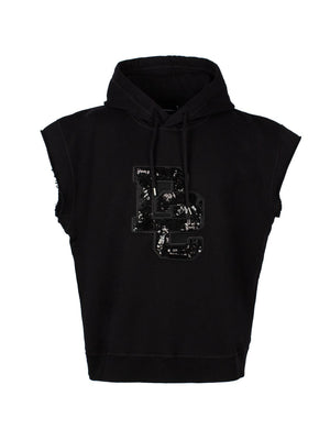 Áo hoodie nỉ cotton đen có logo sequin cho mùa hè 2024