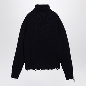 DSQUARED2 Navy Blue Wool Turtleneck Sweater with Leather Detail