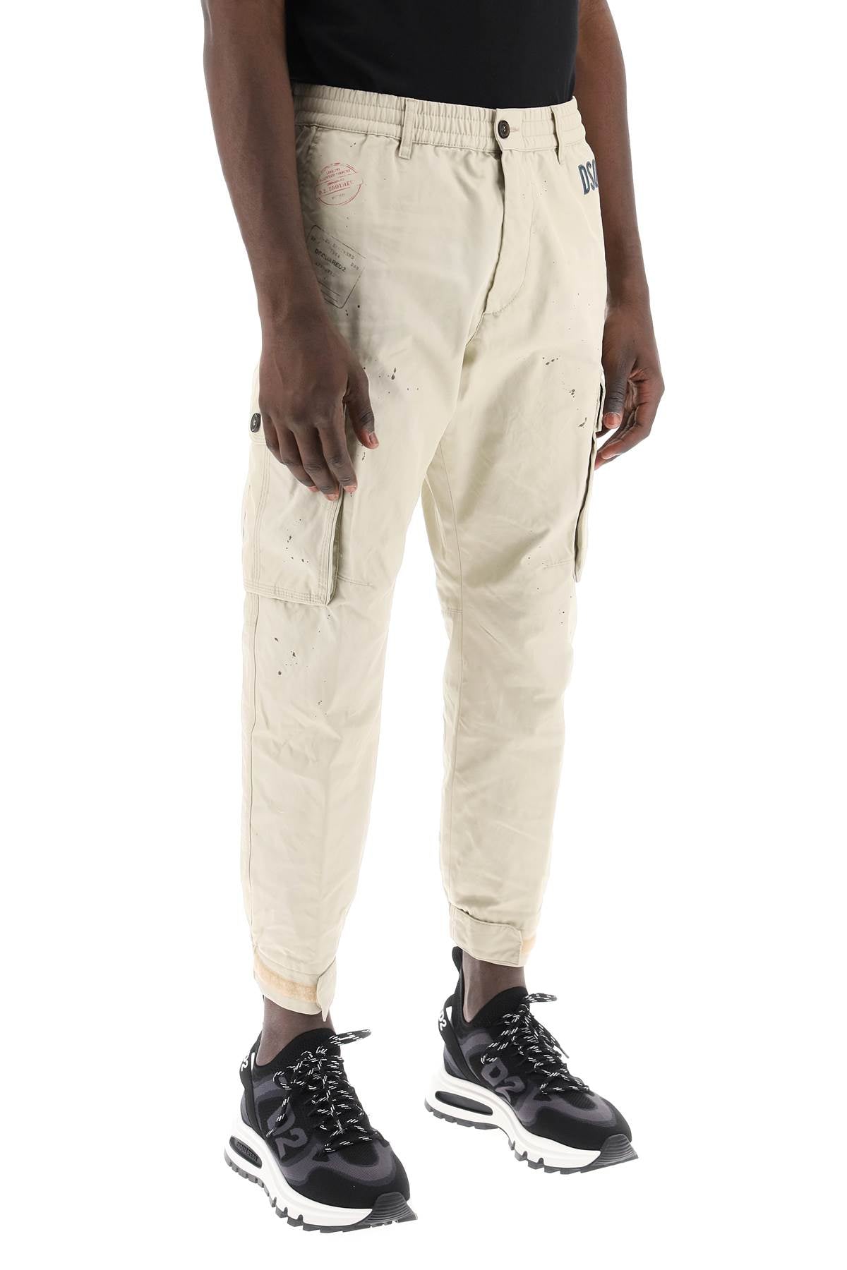 DSQUARED2 Men's SS24 Cargo Pants in Neutral with Logo Patch and Stamp Prints