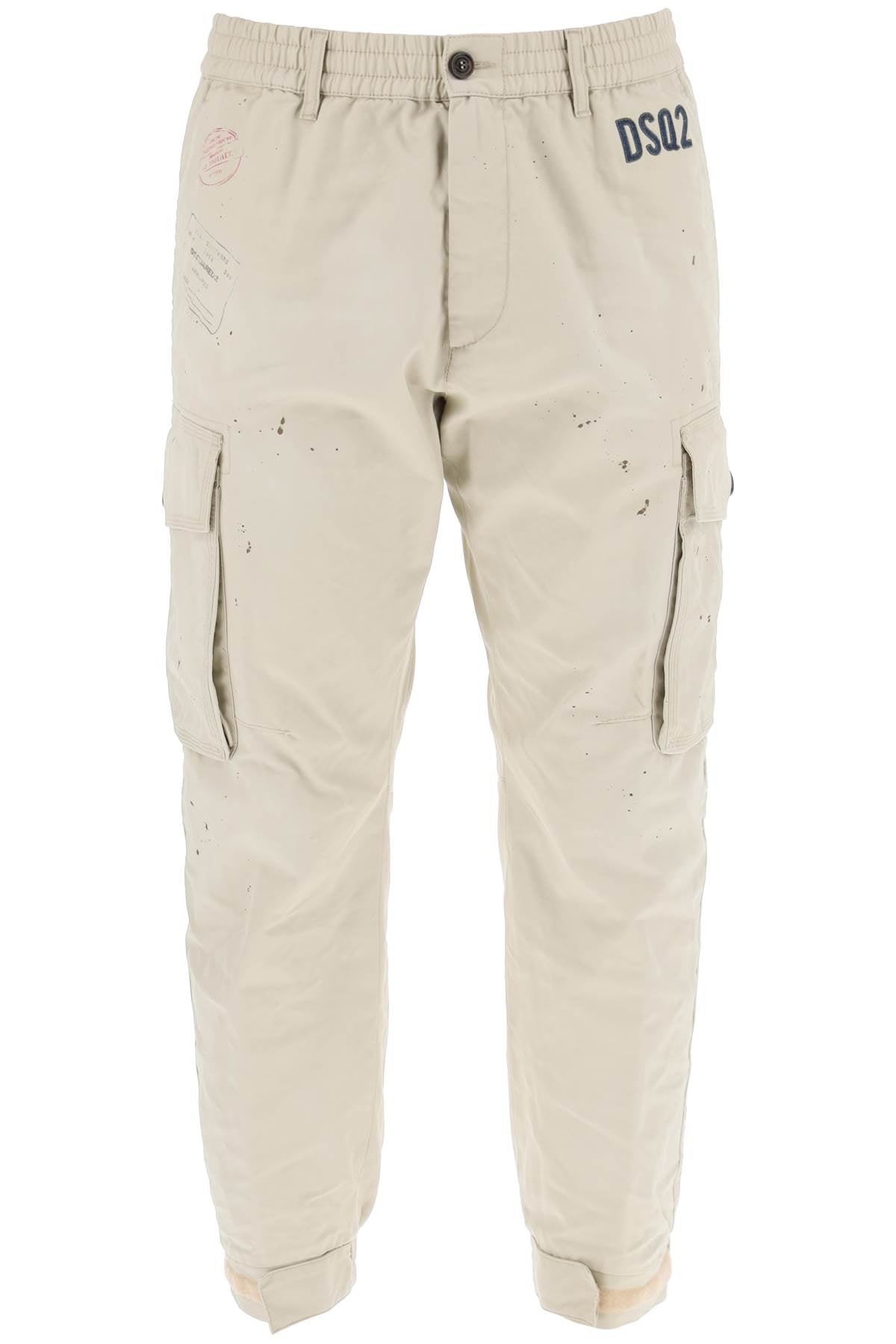 DSQUARED2 Men's SS24 Cargo Pants in Neutral with Logo Patch and Stamp Prints