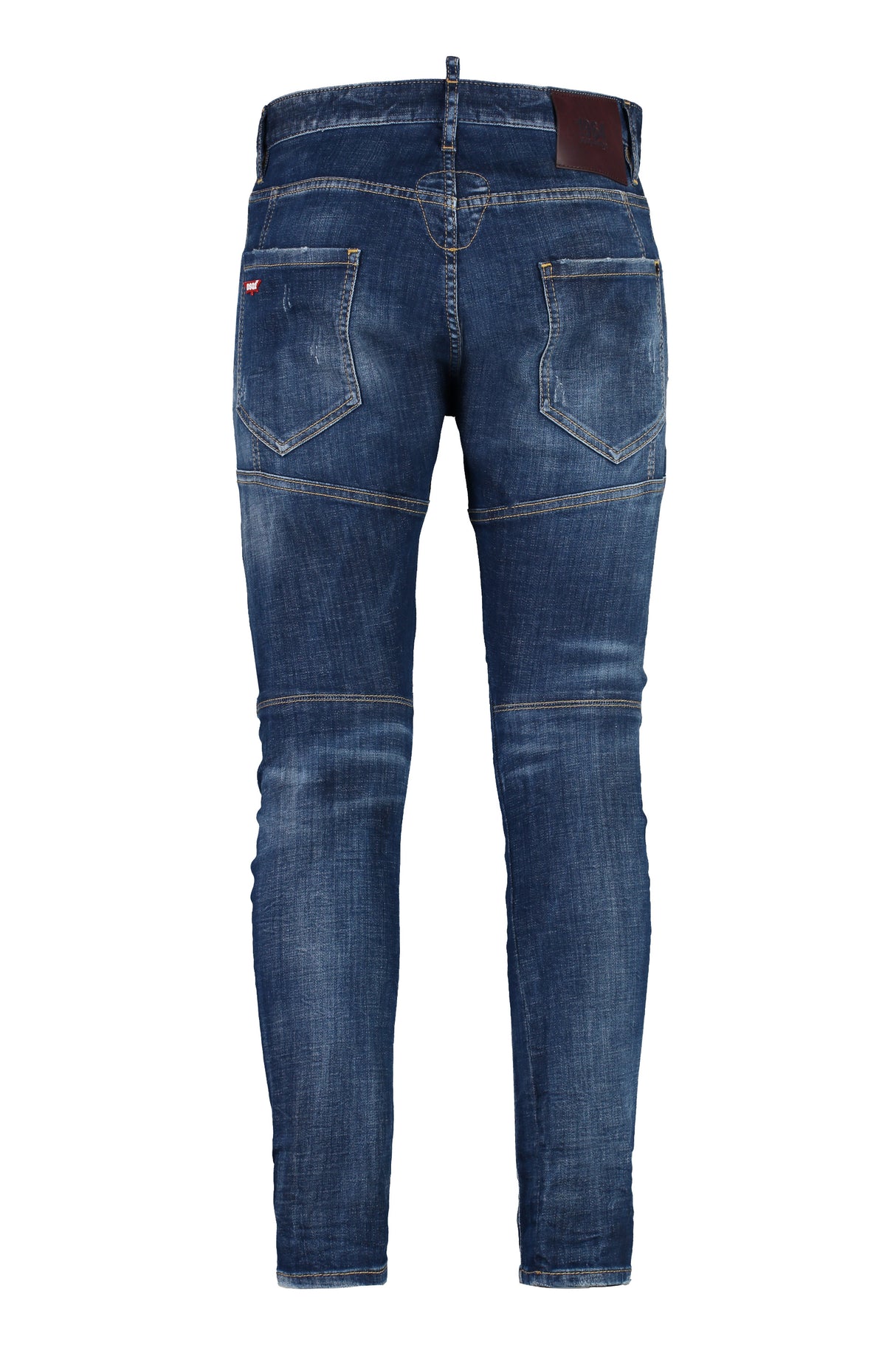 Distressed Blue Jeans with Leather Logo Patch for Men