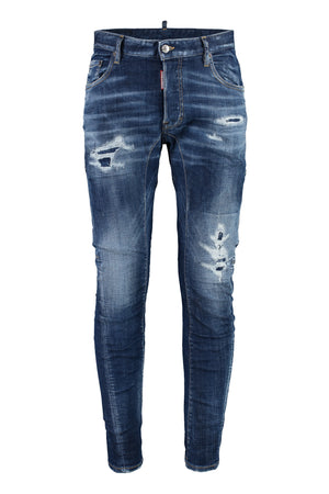 Distressed Blue Jeans with Leather Logo Patch for Men