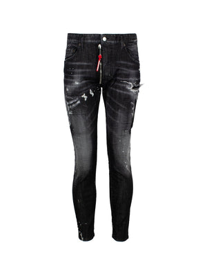 DSQUARED2 Men's Low-Rise Dark Grey Paint Splatter Washed Denim Jeans