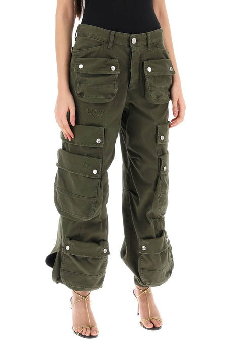 绿色带破损细节和多口袋设计的货物裤