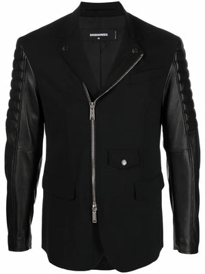 DSQUARED2 Men's Black Full Zip Jacket with Leather Sleeves for SS23