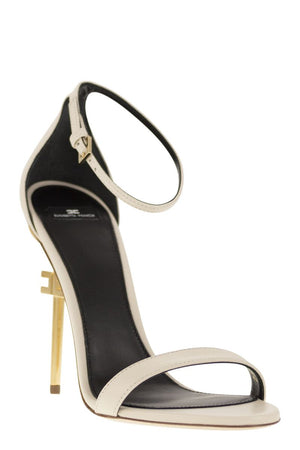 ELISABETTA FRANCHI Leather Sandals with Logo Heel - Adjustable Ankle Strap - Beige - Women's Shoes