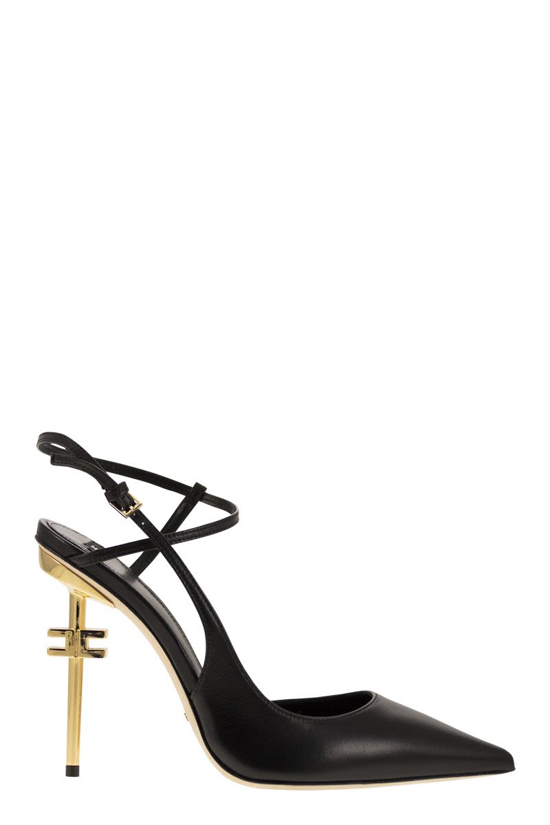 ELISABETTA FRANCHI Elegant Black Leather Slingback Pumps with Gold Logo Heel for Women
