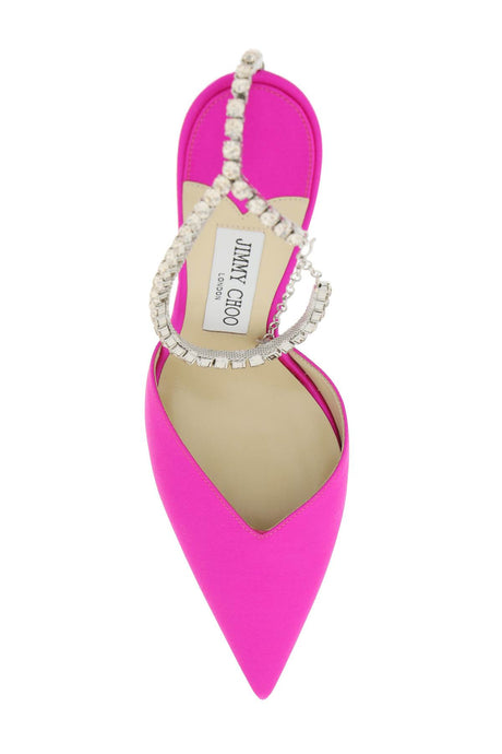 JIMMY CHOO Luxurious Satin Sandals with Crystal Embellishments and Leather Heel